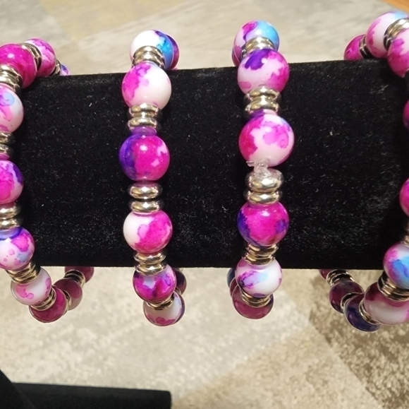handmade Stretch Bracelet with Pink, Blue, Purple and White Set of 4 pc - Picture 3 of 8